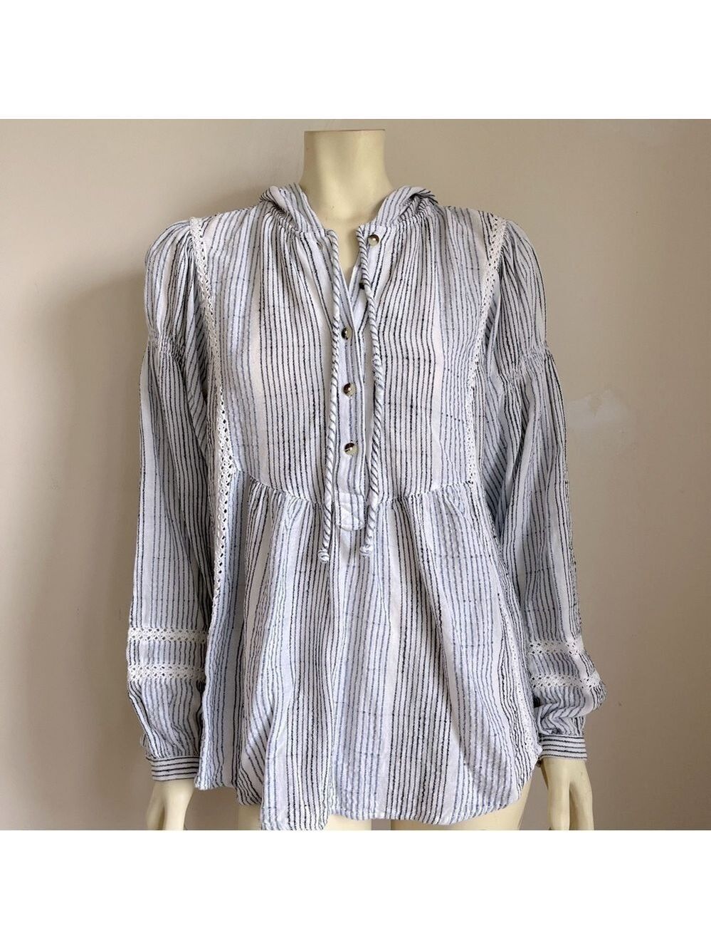 Free People Women’s Baja Babe Hooded Stripe Pullover Top White Blue Black S